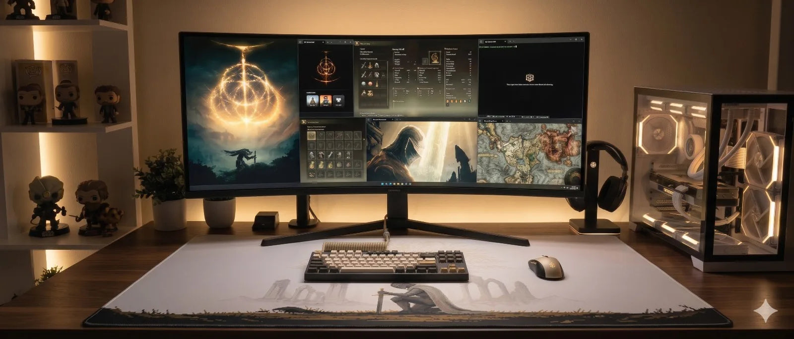 Fantasy golden gaming mat shown on a desk setup