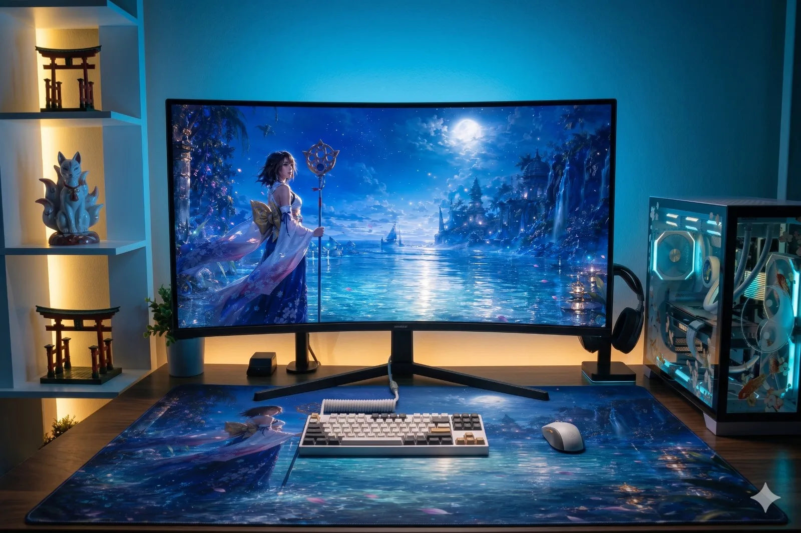 Blue moonlit fantasy gaming mat shown on a desk setup