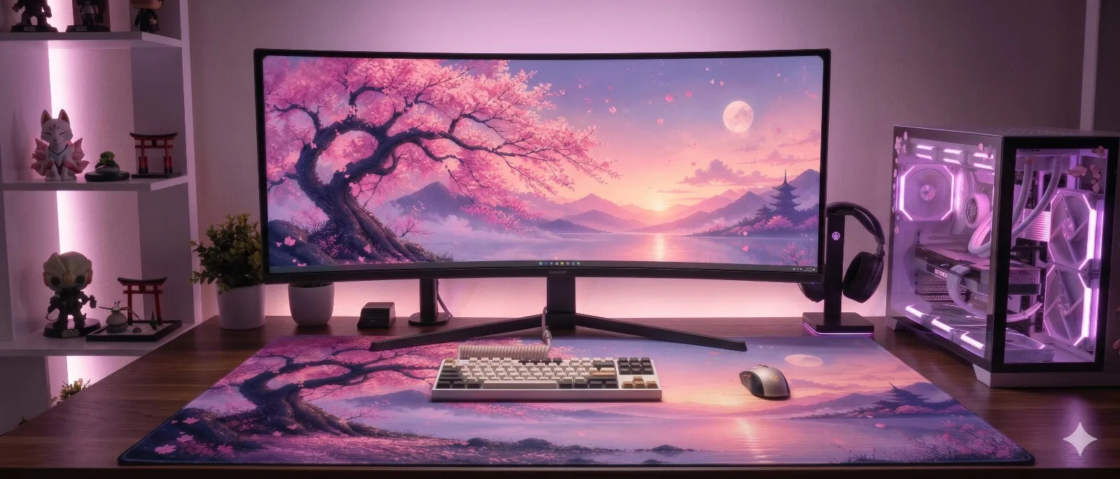 Sakura blossom gaming mat shown on a pink gaming desk setup