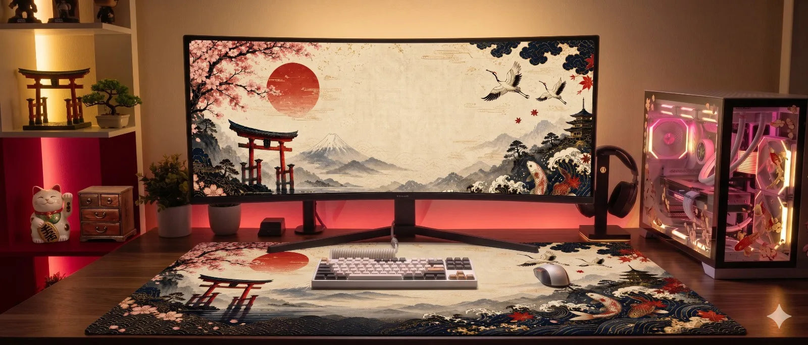 Traditional ukiyo-e gaming mat shown on a desk setup